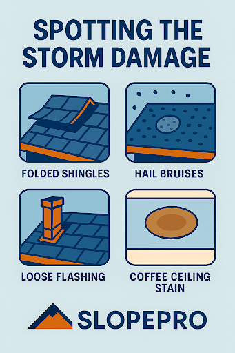 Spotting the storm damage 4 graphics highlighting folded shingles, hail bruises, loose flashing, and coffee ceiling stain