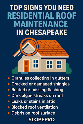 Granule piles at downspouts after rain—your shingles’ UV shield is wearing off. Cracked pipe boots or brittle sealant around vents—common in Chesapeake’s heat/humidity swings. Loose or rusting fasteners on ridge caps and flashing—salt-air exposure accelerates corrosion. Dark streaks, algae, or moss on north-facing slopes—trapped moisture shortens shingle life. Lifted drip edge or loose step flashing at walls/chimneys—prime spots for wind-driven rain. Attic red flags: musty odor, damp insulation, or daylight at the deck. Clogged ridge/soffit vents—poor airflow bakes shingles and spikes summer energy bills. Debris in valleys after storms—leaves and twigs trap water and force it under shingles.